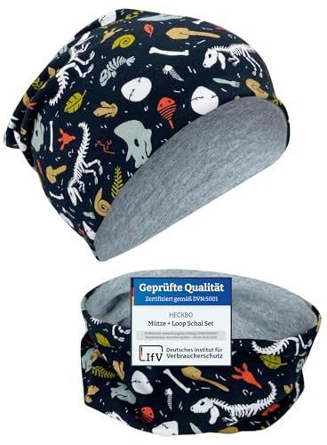 HECKBO Dino Skelett Beanie & Loop Set - Wendemütze Kinder 2-8 Jahre - Baumwolle atmungsaktiv - Gegen Wind & Kälte - Jungen Beanie von HECKBO