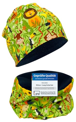 HECKBO Dschungel Beanie & Loop Loop Set - Wendbar für 2-8 Jahre - Für Frühling & Herbst - Atmungsaktive Baumwolle - Kinder Loop & Beanie von HECKBO