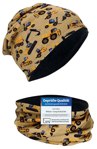 HECKBO Baufahrzeuge Winter Kindermütze & Schal Set - Fleece Innen - Für 2-6 Jahre - Übergangsmütze für Jungen - Baumwolle - Einheitsgröße von HECKBO