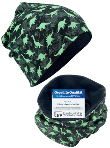 HECKBO Winter Beanie & Loop Set - Fleece Innen weich - Dinosaurier Muster - Waschbar - Einheitsgröße - Baumwolle von HECKBO