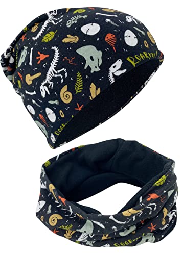HECKBO Kindermütze Winter Beanie & Halstuch Set - Dinosaurier - 2-8 Jahre - 95% Baumwolle mit Fleece Innen von HECKBO