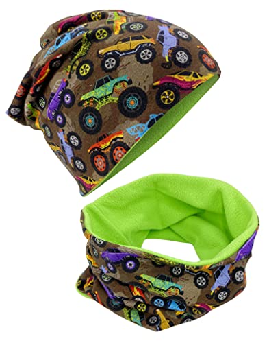 HECKBO Monster Truck Beanie & Schal Set - 2-6 Jahre - 95% Baumwolle - Stretch - Fleece - Wintermütze Auto Design Handmade von HECKBO
