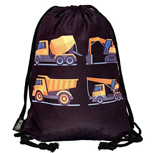 HECKBO Kinder Turnbeutel 4 Baufahrzeugen Bagger - 40x32cm - Sportkleidung Trinkflasche - Kindergarten, Schule, Stoffbeutel Kita - Rucksack, Tasche, Sportrucksack, Sportbeutel Junge Mädchen von HECKBO