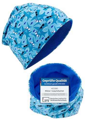 HECKBO Beanie Wintermütze & Schal Set - Hai Shark - 2-8 Jahre - 95% Baumwolle mit Fleece - Mütze & Kinderschal von HECKBO