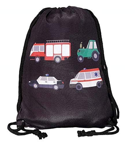 HECKBO Kinder Turnbeutel Auto Feuerwehr schwarz - 40x32cm - Sportkleidung Trinkflasche - Kindergarten, Schule, Stoffbeutel Kita - Rucksack, Tasche, Sportrucksack, Sportbeutel Junge Mädchen von HECKBO