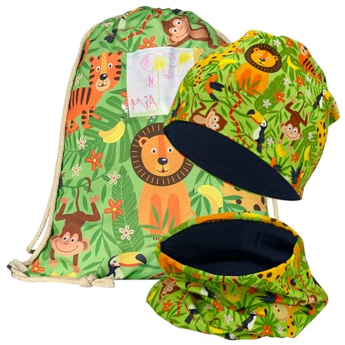 HECKBO Kinder Turnbeutel inkl. Sichtfenster - Dschungel - Sportkleidung Trinkflasche- Kindergarten, Schule, Stoffbeutel Kita (Turnbeutel + Beanie Loop Set (Jersey innen)) von HECKBO