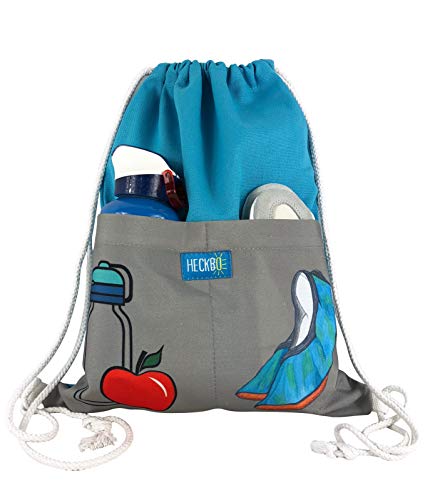 HECKBO Kinder Turnbeutel mit 2 praktischen Taschen türkis grau - Gymsack, Rucksack, Sportbeutel, Beutel, Schuhbeutel, Tasche - Hipster, Mädchen, Jungen, Jungs, Erwachsene, Kinder von HECKBO