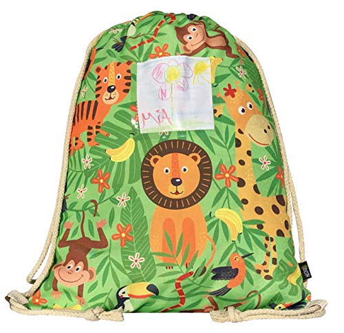 HECKBO Kinder Turnbeutel inkl. Sichtfenster - Dschungel - Sportkleidung Trinkflasche- Kindergarten, Schule, Stoffbeutel Kita - Rucksack, Tasche, Sportrucksack, Sportbeutel Junge Mädchen von HECKBO