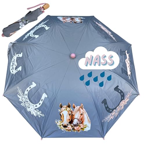 HECKBO Magic & Reflektor Mädchen Regenschirm - Pferd - wechselt bei Regen die Farbe - 360° Sichtbarkeit im Straßenverkehr – Faltregenschirm: passt in jeden Schulranzen von HECKBO