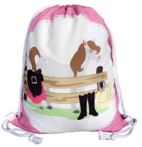 HECKBO Pferde Mädchen Turnbeutel - Pferd Bauernhof (beidseitig) - 40x32cm - Sport, Schule, Freizeit, Kindergarten, Krippe, Urlaub, Reitunterricht von HECKBO