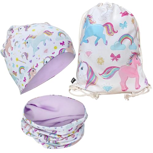 HECKBO Turnbeutel Mädchen Junge – Einhorn Unicorn - 40x32cm - Kindergarten, Kita, Krippe - Rucksack, Beutel, Sporttasche, Sportbeutel, Kindergartenrucksack, Kinderrucksack – Set mit Beanie & Schaal von HECKBO