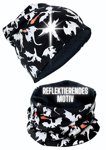 HECKBO 360° Reflektor Kinder Beanie Mütze & Loop Schal Set - mit reflektierenden Drachen Dragon - Vliesfutter innen - 2-6 Jahre - 95% Baumwolle von HECKBO