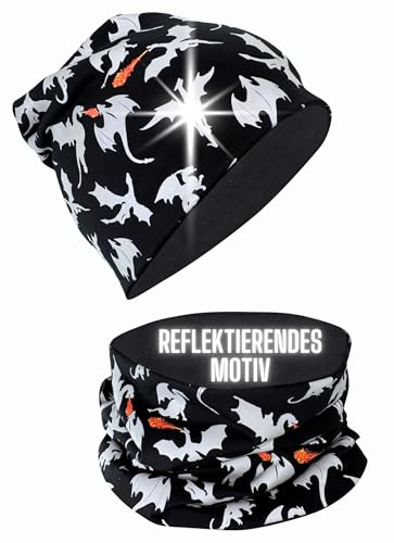 HECKBO 360° Reflektor Kinder Beanie Mütze & Loop Schal Set - mit reflektierenden Drachen Dragon - 2-8 Jahre - 95% Baumwolle Größe 48-54 von HECKBO