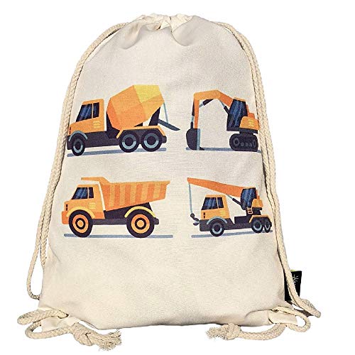 HECKBO Turnbeutel Kinder Mädchen Junge - Baufahrzeuge Bagger beige - Kindergarten, Kita, Krippe - Rucksack, Beutel, Sporttasche, Sportbeutel, Kindergartenrucksack, Kinderrucksack Stoffbeutel von HECKBO