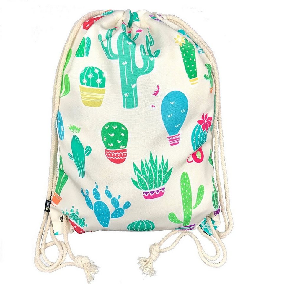 HECKBO Turnbeutel Turnbeutel für Frauen & Mädchen aus Baumwolle - beidseitig mit Kaktus Motiven Bedruckt - für Alltag, Reise & Sport, Festival, Party - Gymsack, Rucksack, Sportbeutel mit Kordel von HECKBO