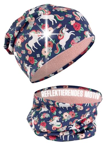 HECKBO Winter 360° Reflektor Kinder Mütze & Loop Schal Set - Einhorn Vlies innen - 2-6 Jahre - 95% Baumwolle - weiches & pflegeleichtes Stretch-Material von HECKBO