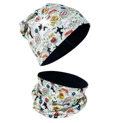 HECKBO Winter 360° Reflektor Kinder Beanie Mütze & Loop Schal Set - Superheld - Vlies innen - 2-6 Jahre - 95% Baumwolle von HECKBO