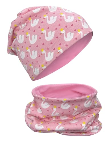 HECKBO Schwan Winter Beanie & Schal Set - 2-6 Jahre, Baumwolle, Vlies - Mütze mit Licht Pinke Mütze von HECKBO