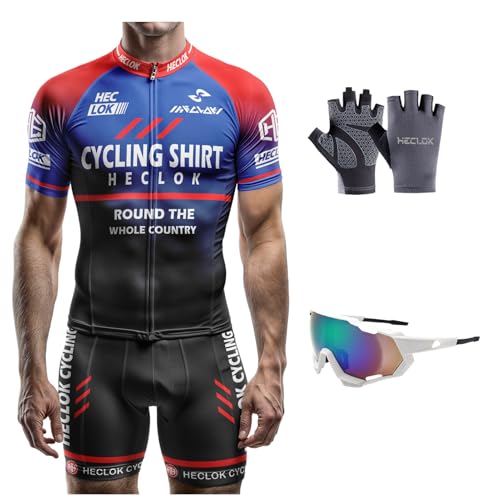 Fahrradtrikot Kurzarm Set für Herren Radtrikot T Shirt Radsport Radtrikot Set Fahrrad Trikot Kurzarm+Radhose mit 9D Gel,Professionelles Spieltrikot, MTB Radtrikot, Anpassbares Muster (Set-7,x_l) von HECLOK