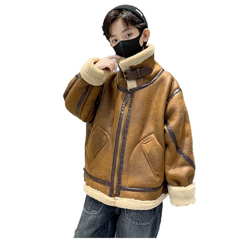 HECLOK Jungen Wear Winterjacke Wasserabweisend Winddicht Warm Jacke Echtes Leder Wolle Bikerjacke Warm und Winddicht Winterjacke für Buben (TYP-1,140cm) von HECLOK