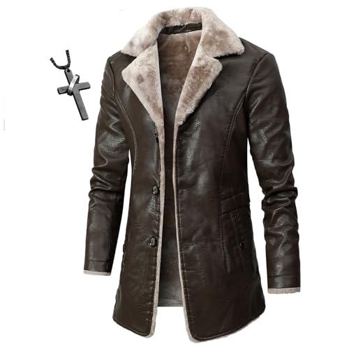 Herren Kunstlederjacke Pelzkragen Pilotenjacken Winter Warm Motorrad Pelzmantel Shearling Schaffell Warm Winter Design，+Halsketten für Männer (TYP-2,L) von HECLOK