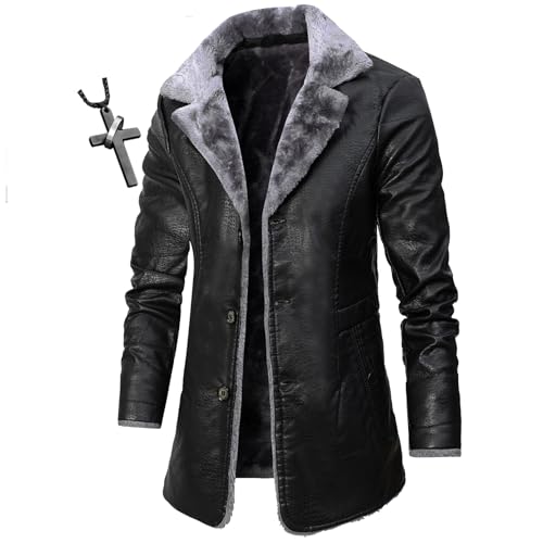 Herren Kunstlederjacke Pelzkragen Pilotenjacken Winter Warm Motorrad Pelzmantel Shearling Schaffell Warm Winter Design，+Halsketten für Männer (TYP-2,XL) von HECLOK