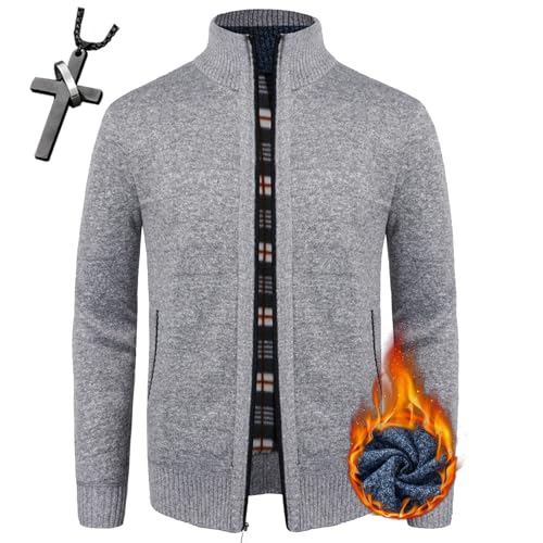 Herren Strickjacke Cardigan Stehkragen Feinstrike Wool Knitting Winter lässige Cardigans Langarm warm Strickjacken für Herren schlank+Halsketten (TYP-2,XL) von HECLOK