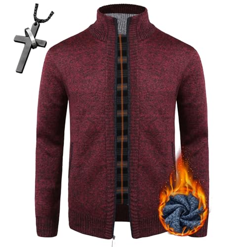 Herren Strickjacke Cardigan Stehkragen Feinstrike Wool Knitting Winter lässige Cardigans Langarm warm Strickjacken für Herren schlank+Halsketten (TYP-5,L) von HECLOK