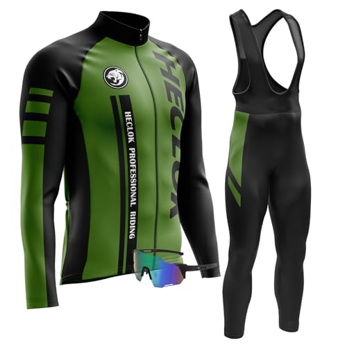 Radtrikot Herren Langarm Set,Fahrradtrikot Herren Herbst Atmungsaktive Cycling Jersey Schnell,Radsport-trägerhosen mit 9D Gepolsterten＋Winddichte Radfahrerbrille (M,TYP-3) von HECLOK