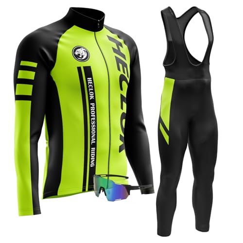 Radtrikot Herren Langarm Set,Fahrradtrikot Herren Herbst Atmungsaktive Cycling Jersey Schnell,Radsport-trägerhosen mit 9D Gepolsterten＋Winddichte Radfahrerbrille (M,TYP-4) von HECLOK