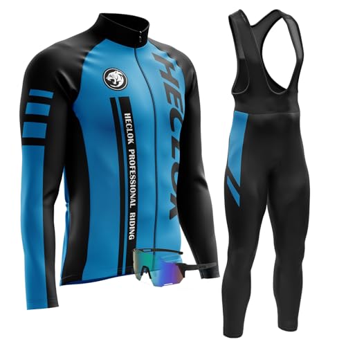 Radtrikot Herren Langarm Set,Fahrradtrikot Herren Herbst Atmungsaktive Cycling Jersey Schnell,Radsport-trägerhosen mit 9D Gepolsterten＋Winddichte Radfahrerbrille (XL,TYP-2) von HECLOK