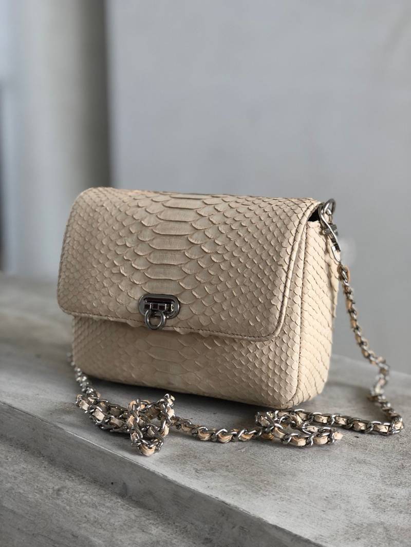 Echte Python-Haut - Creme Farbe Crossbody Abnehmbare Kette Handtasche Mini Sommer Elegante Stilvolle Geldbörse Kupplung, Milch Python-Leder-Dame von HEDONISTBALI