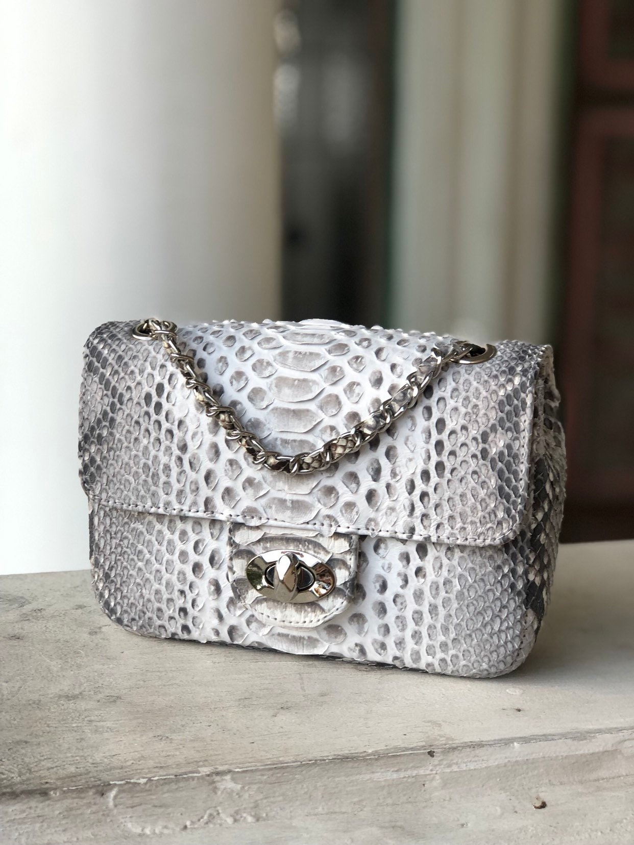 Echte Python-Haut Kleine Umhängetasche Aus Leder | Edle Kleine Crossbody Kette Graue Leichte Crossbody-Sommer-Elegante Noble Frauentasche von HEDONISTBALI