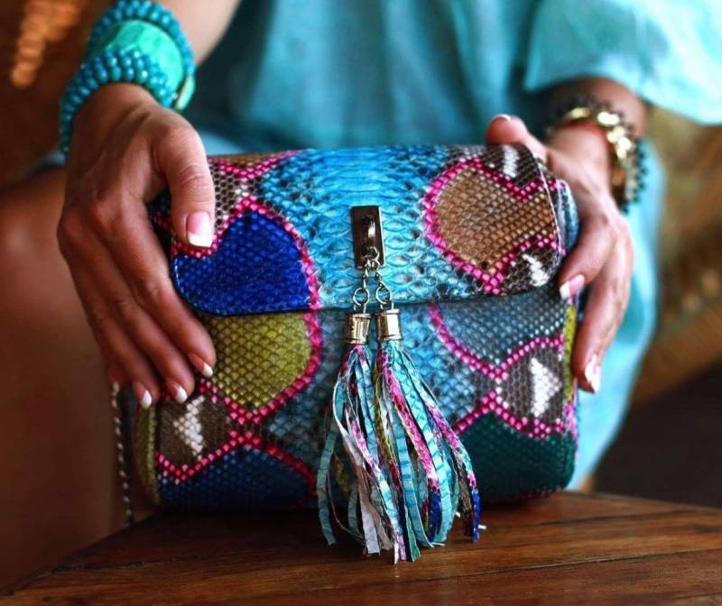 Echte Pythonleder Crossbody Multicolor Türkis Quaste Frauen Tasche | Sommerliche Bunte Ledertasche Python Handtasche Geschenk Für Ihn Blaue Clutch von HEDONISTBALI