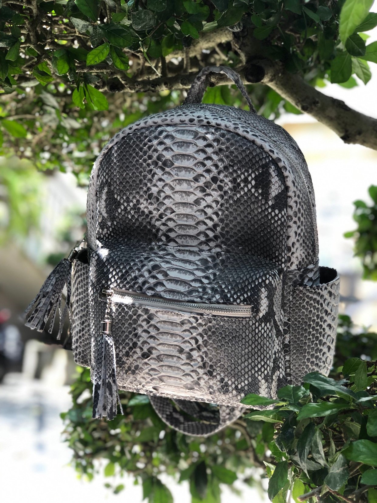 Echter Pythonhaut Rucksack Grau Frau Edel Eleganter Leder, Frauenhandgemachter Schlangenpint Pythonprint Natur Trend von HEDONISTBALI