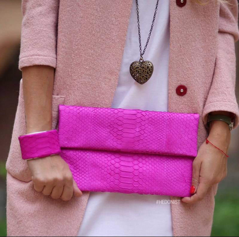 Schneller Versand Echte Pythonleder Fuchsia Kupplung Handgemacht, Edle Elegante Lederkupplung, Taschen Und Geldbörsen, Leder Kleine von HEDONISTBALI