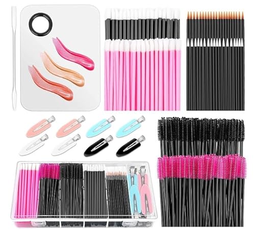 229 Stück Einweg Wimpernpinsel, tragbares Lippenpinsel, Einweg-Eyeliner Pinsel,Makeup-Mischpalette, Spatel,Makeup Haar Clips mit Organizer Box für Mascara,Augen Make Up Tools (Black Set 229) von HEEFEN