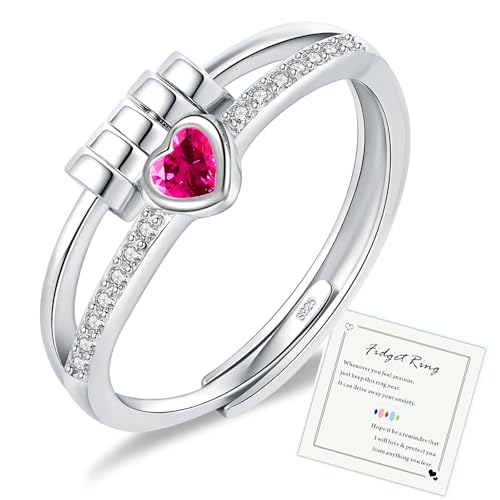 Anti Stress Ring Anxiety Ringe mit Perlen für Damen Silber 925 Herz Ring mit Zirkonia Angstring Offen Verstellbar Spinner Fidget Ringe Frauen Hypoallergen Stimmungsring gegen Stress Unisex-Rosenrot von HEEYA