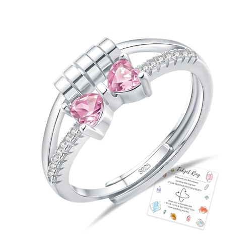 Anxiety Ring für Damen Silber Ringe mit Pink Zirkonia Herz Bogen Angst Ringe Offen Verstellbar Anti-stress-ring mit Perlen Spinner Fidget Ring Frauen Hypoallergen Stimmungsring gegen Stress von HEEYA