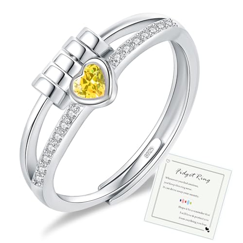HEEYA Anti Stress Ring Anxiety Ringe mit Perlen für Damen Silber 925 Herz Ring mit Zirkonia Angstring Offen Verstellbar Spinner Fidget Ringe Frauen Hypoallergen Stimmungsring gegen Stress Unisex-Gelb von HEEYA