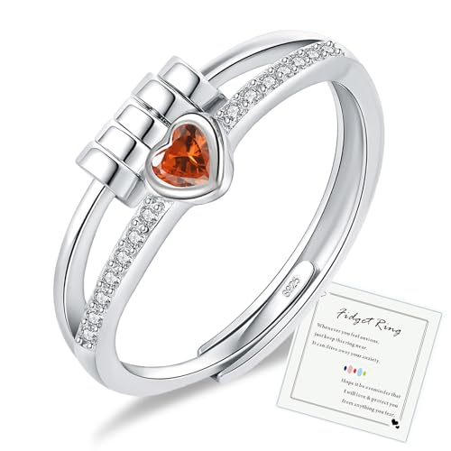 HEEYA Anti Stress Ring Anxiety Ringe mit Perlen für Damen Silber 925 Herz Ring mit Zirkonia Angstring Offen Verstellbar Spinner Fidget Ringe Frauen Hypoallergen Stimmungsring gegen Stress Unisex-Red von HEEYA