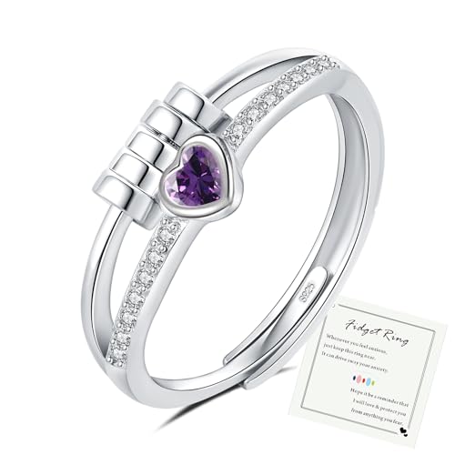 HEEYA Anti Stress Ring für Damen Silber 925 Herzring mit Zirkonia Angst Ringe Offen Verstellbar Anxiety Ring mit Perlen Spinner Fidget Ringe Frauen Hypoallergen Stimmungsring gegen Stress Unisex-Lila von HEEYA