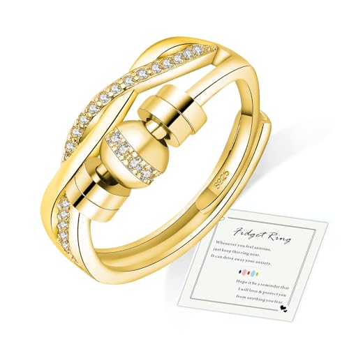 HEEYA Anxiety Gold Ring Damen Silber 925 Angstringe mit Zirkonia Offen Verstellbar Anti Stress Ring mit Perlen 18K Vergoldet Spinner Fidget Ringe Frauen Hypoallergen Stimmungsring gegen Stress Unisex von HEEYA