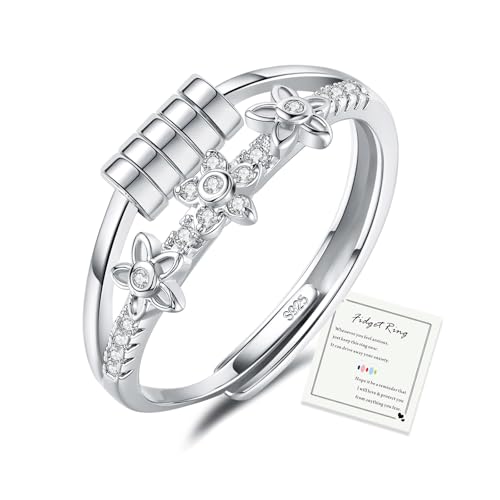 HEEYA Anxiety Ring Blumen für Damen Silber 925 Angstring mit 5A Zirkonia Offen Verstellbar Anti Stress Ring mit Perlen Spinner Fidget Ringe Frauen Hypoallergen Stimmungsring gegen Stress von HEEYA