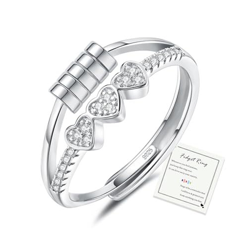 HEEYA Anxiety Ring Herz für Damen Silber 925 Angstring mit 5A Zirkonia Offen Verstellbar Anti Stress Ring mit Perlen Spinner Fidget Ringe Frauen Hypoallergen Stimmungsring gegen Stress von HEEYA