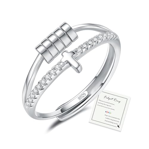 HEEYA Anxiety Ring Kreuz für Damen Silber 925 Angstring mit 5A Zirkonia Offen Verstellbar Anti Stress Ring mit Perlen Spinner Fidget Ringe Frauen Hypoallergen Stimmungsring gegen Stress von HEEYA