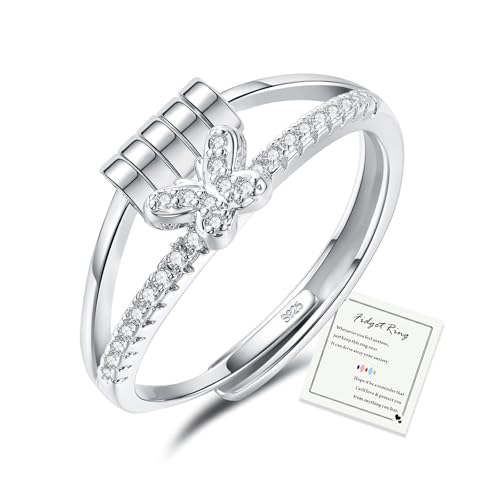 HEEYA Anxiety Ring Schmetterling für Damen Silber 925 Angstring mit 5A Zirkonia Offen Verstellbar Anti Stress Ring mit Perlen Spinner Fidget Ringe Frauen Hypoallergen Stimmungsring gegen Stress von HEEYA
