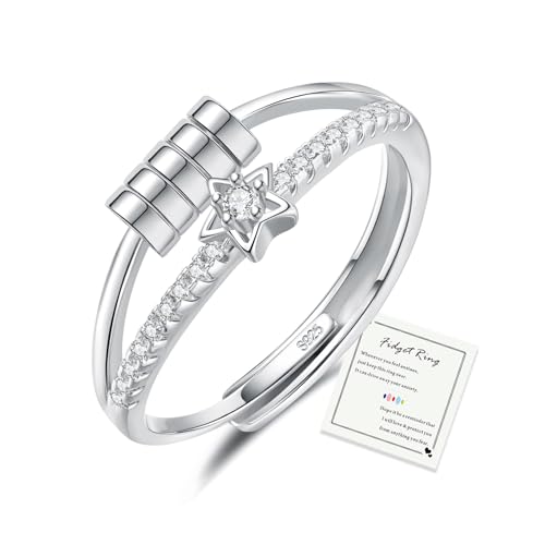 HEEYA Anxiety Ring Stern für Damen Silber 925 Angstring mit 5A Zirkonia Offen Verstellbar Anti Stress Ring mit Perlen Spinner Fidget Ringe Frauen Hypoallergen Stimmungsring gegen Stress von HEEYA