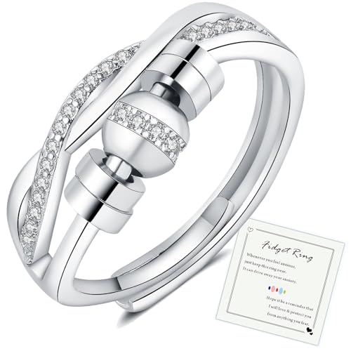 HEEYA Anxiety Ring für Damen Silber 925 Angst Ring mit Zirkonia Offen Verstellbar Anti Stress Ringe mit Perlen Spinner Fidget Ringe Frauen Hypoallergen Stimmungsring gegen Stress Unisex von HEEYA