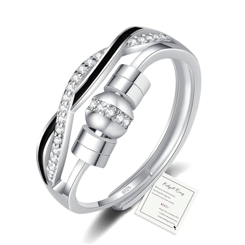HEEYA Anxiety Ring für Damen Silber 925 Angst Ring mit Zirkonia Offen Verstellbar Anti Stress Ringe mit Perlen Spinner Fidget Ringe Frauen Hypoallergen Stimmungsring gegen Stress Unisex von HEEYA